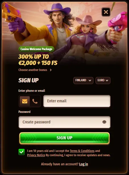 West Ace Casino login scherm